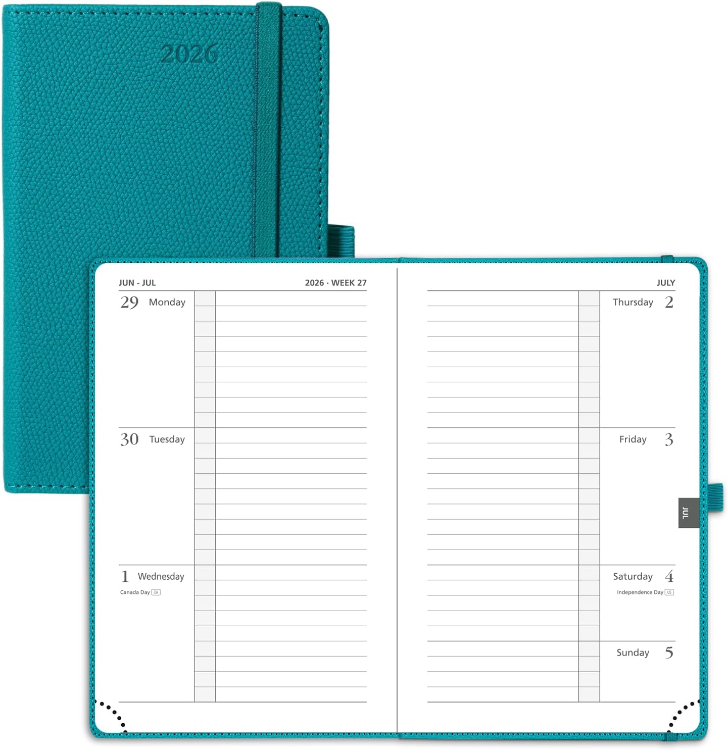 POPRUN Weekly Planner 2026 Calendar (Pocket 4'' x 6.25'') 12 Months Notebook with Horizontal Layout, Leather Hardcover, Inner Pocket, 100GSM Thick Paper, Pen Holder - Pacific Green