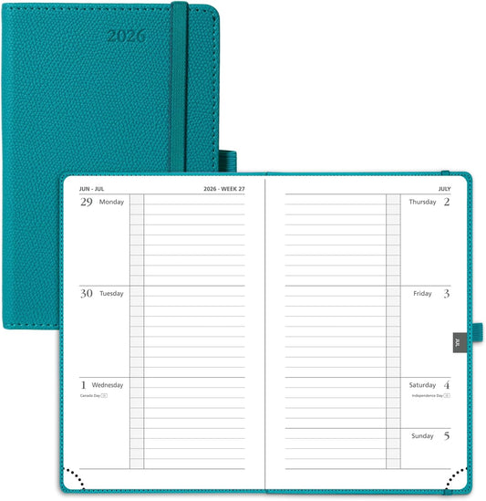 POPRUN Weekly Planner 2026 Calendar (Pocket 4'' x 6.25'') 12 Months Notebook with Horizontal Layout, Leather Hardcover, Inner Pocket, 100GSM Thick Paper, Pen Holder - Pacific Green
