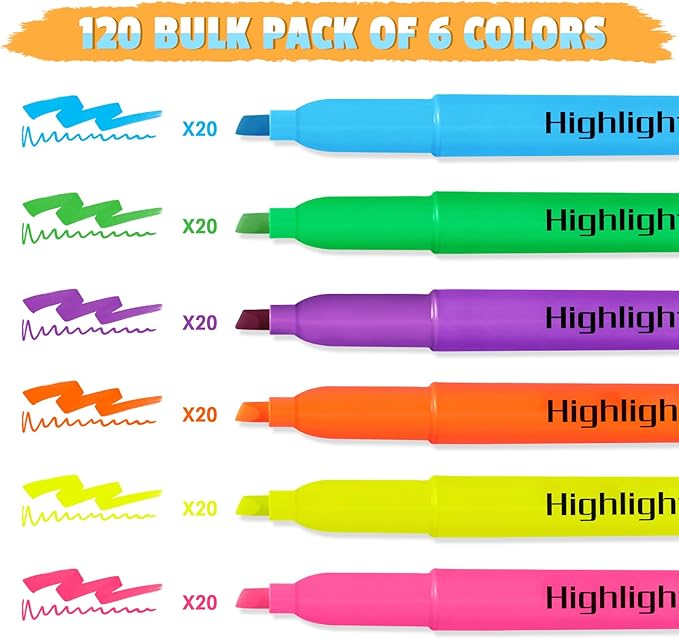 Aigybobo 120 Pack Highlighters in 6 Assorted Colors, Chisel Tip Dry-Quickly Highlighters Bulk, No Bleed Highlighter Markers for Kids Adults, Classroom Teachers Must Haves, School Office Supplies