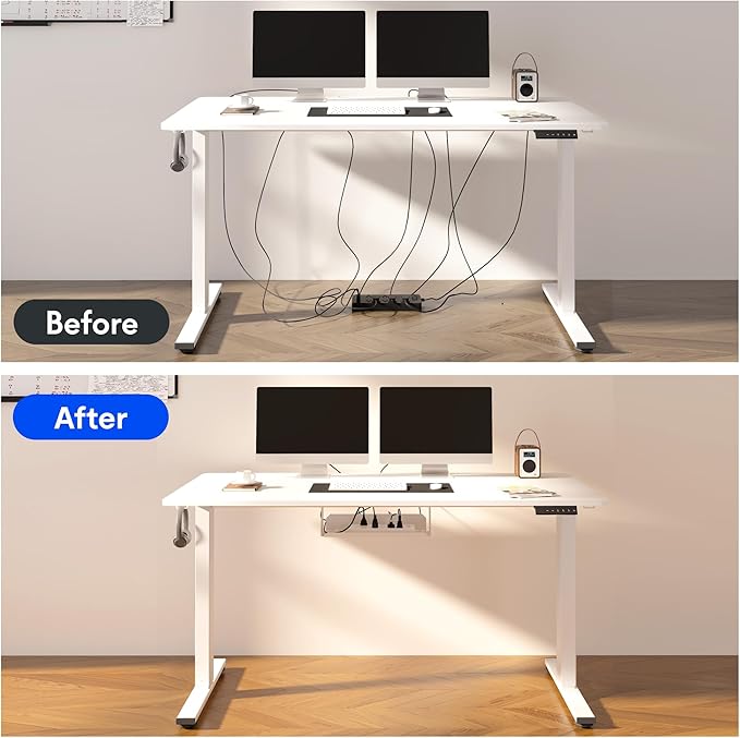FLEXISPOT EN2 Whole-Piece Standing Desk with Clamp Power Strip, 48 x 30 Electric Stand Up Height Adjustable Desk with Cable Management (White Frame + 48" White Desktop, 2 Packages)
