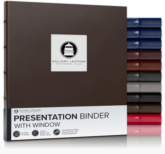 Gallery Leather 3 Ring Binder with Plastic Sleeves, Includes 10 Sheets, Sheet Size: 8.5" x 11" - Presentation Binder Rings with Window and Hubbed Spine, Thick: 0.75" Freeport Mocha