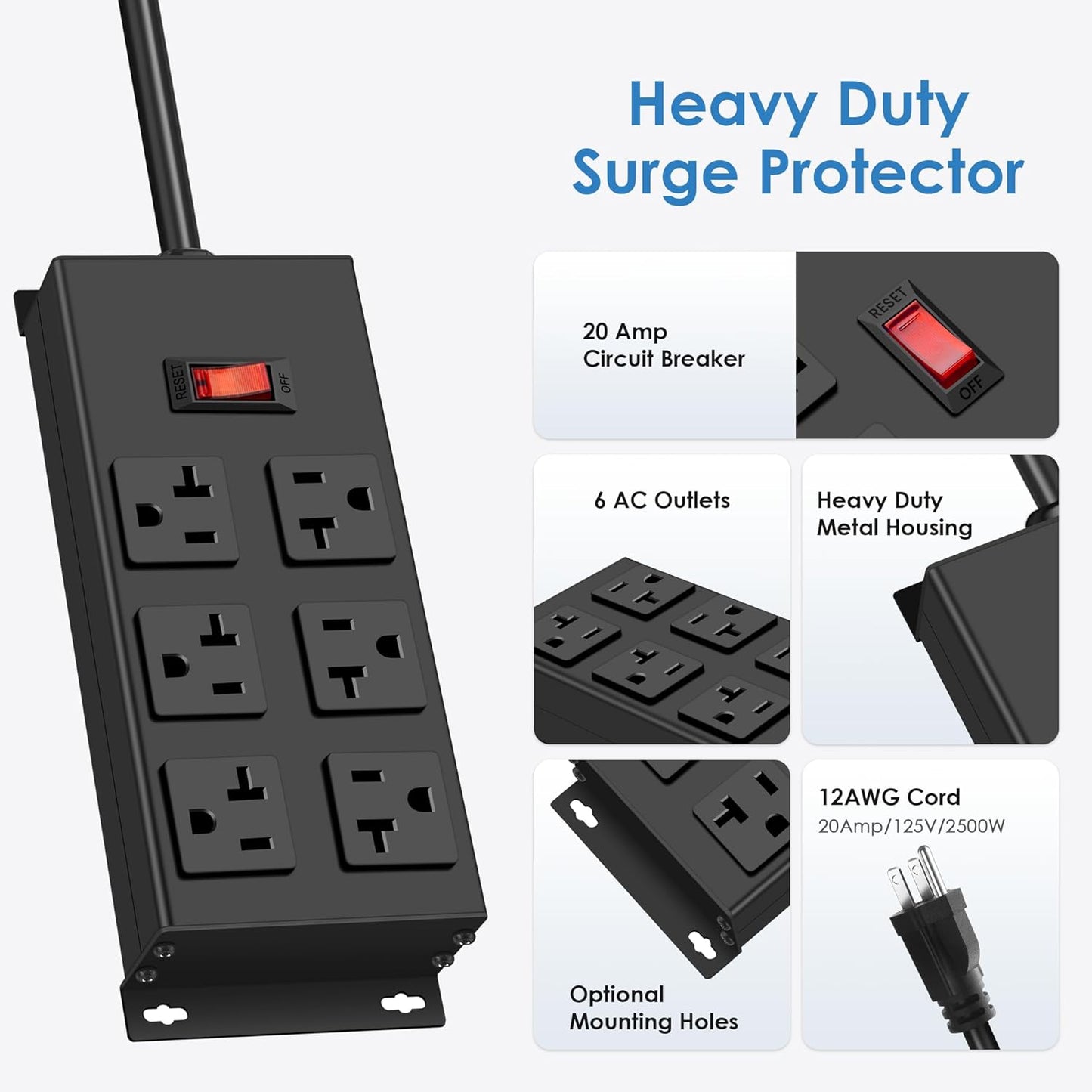 JUNNUJ 20 Amp Power Strip Heavy Duty 2 Pack, Garage 6 Outlets Metal 12 Gauge Surge Protector 3000J, High Amp 5-15P Adapter Shop 6-20R T-Slot Industrial (6AC 2-Pack, 10FT)