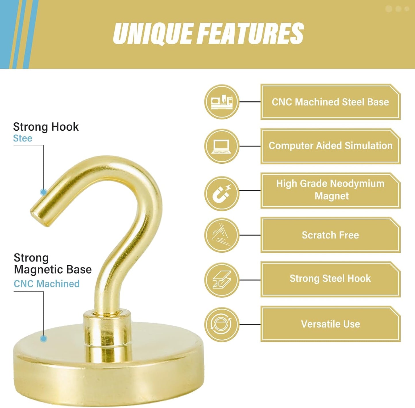 Neosmuk Magnetic Hooks Heavy Duty, Strong Magnet with Hook for Fridge, Super Neodymium Extra Strength Industrial Hooks for Hanging, Magnetic Hanger for Toolbox, Cruise, Grill(Golden,4 Pack)