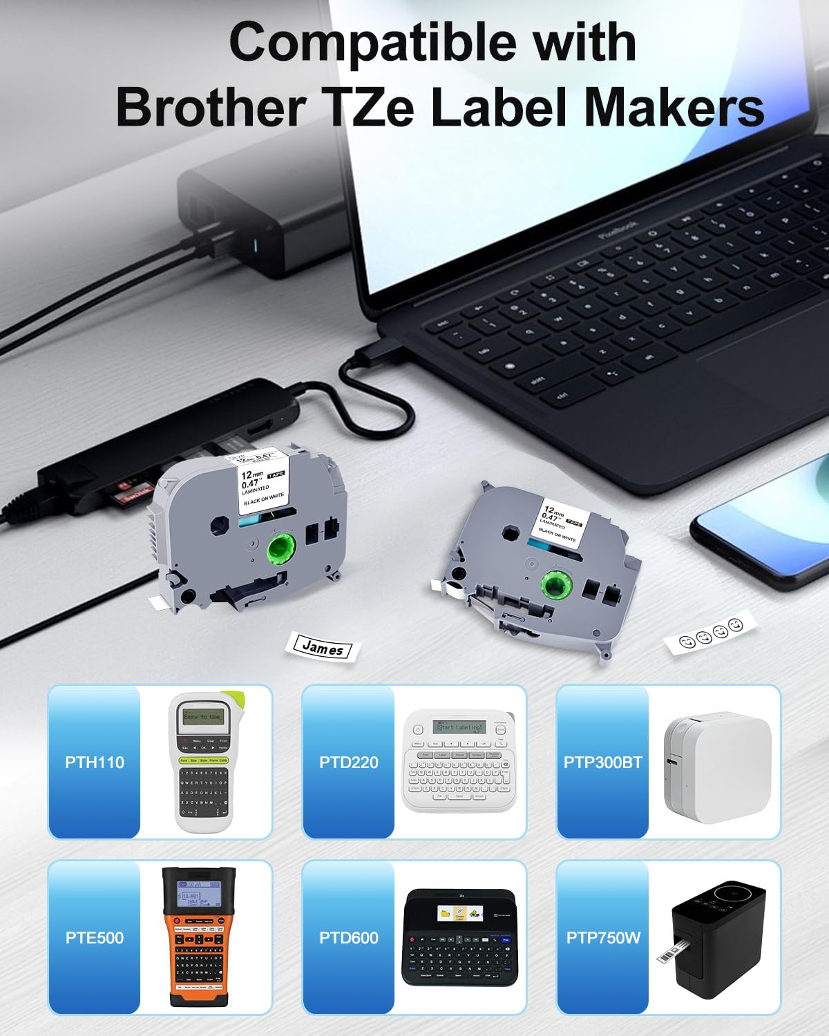 TZe-231 Label Tape 12mm Replacement for Brother Label Maker Tape 12mm 0.47 Laminated White TZ-231 TZe231 TZ Tape Work for Brother P Touch PT-H110 PTD210 D220 D400 D600 1280, 4PK