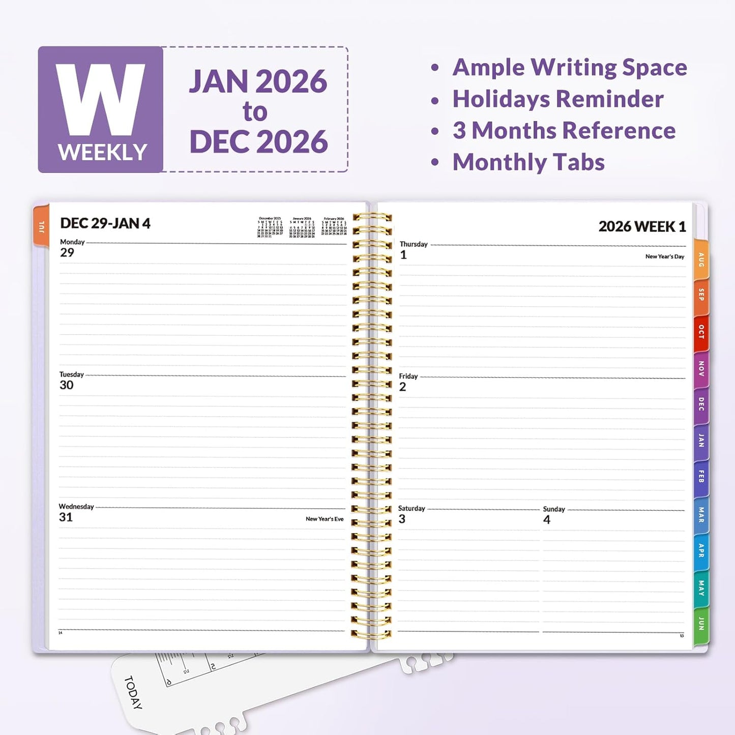 SUNEE 2026 Weekly and Monthly Planner - from January 2026 - December 2026, 8.5"x11" Daily Agenda Planner with Monthly Tab, Flexible Cover, Note Pages, Pockets, Bookmark, Spiral Binding, Purple