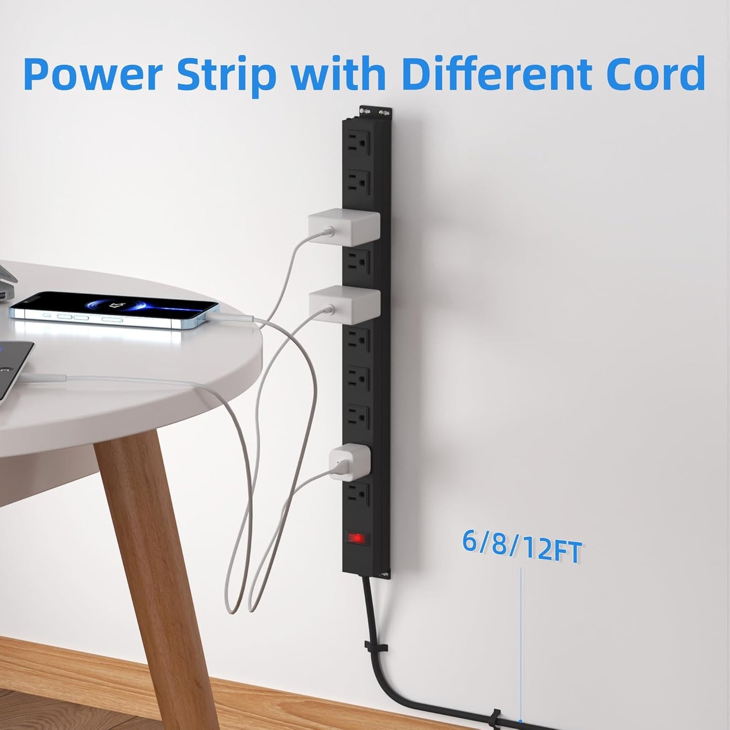 10 Outlet Metal Power Strip,8FT Long Extension Cord Heavy Duty for Kitchen,Office,School,Commercial,Workshop,Industrial,ETL Certified and Listed Socket,1825W/125V/15A,Black(8FT)