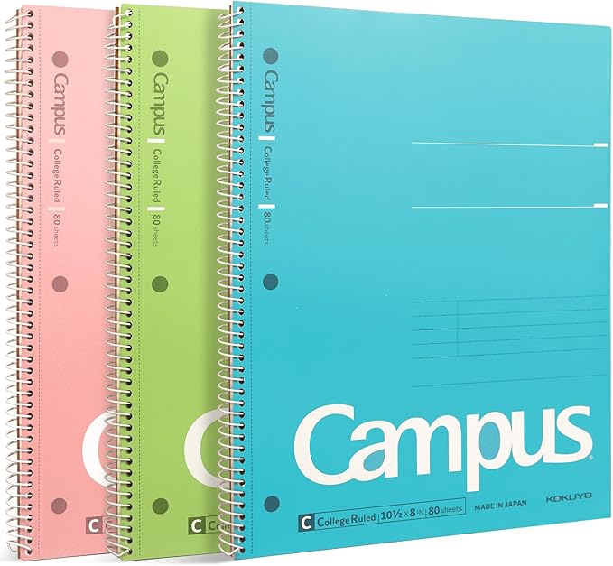 KOKUYO Spiral Notebook, 3 Pack Campus 10-1/2" x 8" Subject Notebooks with College Ruled, 80 Sheets, Pink Blue Green 3 Holes School Spiral Journal for Work Study Note Taking (WSG-SU-400G1×3)