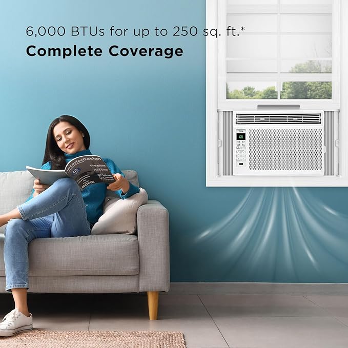 TCL H6W23W 6,000, 115V, AC for Rooms Unit 6000 BTU Window Air Conditioner, Fan & Dehumidifier, 250 Sq. Ft, Remote Control, Easy-to-Use, Reusable Filter, White