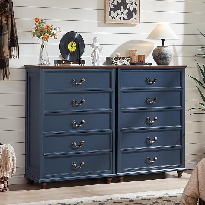 Farmhouse 5 Drawer Dresser Set of 2 for Bedroom, 45" Tall Rustic Chests of Drawers w/ 4 Solid Wood Feet, Mid Century Vintage Wooden Closet Storage Dressers Organizer for Living Room, Navy Blue