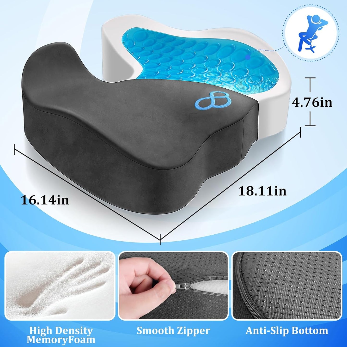 Seat Cushion, Gel Chair Cushions, Office Chair Cushions, Anti-Slip Bottom & Removable Cover Tailbone Pain Relief Cushion, Memory Foam Seat Cushion for Office, Wheelchair, Car (Grey)
