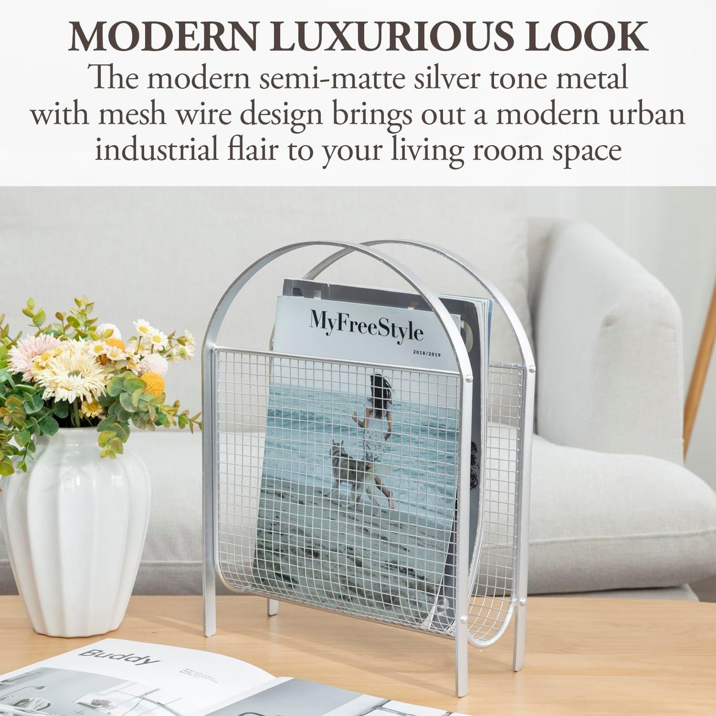 MyGift Mid-Century Design Magazine Rack, Matte Black Tone Metal Mesh Freestanding Magazine Organizer Holder Sling (Silver)