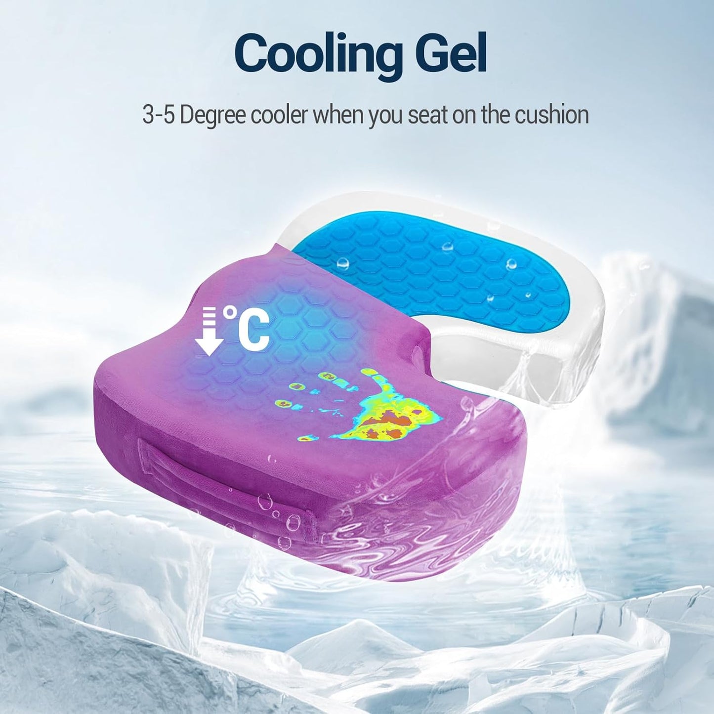 Gel Seat Cushion for Car Office - Memory Foam Pain Relief Chair Pillow Cushions - Tailbone Sciatica Coccyx Butt Lumbar Support Pad for Sitting Driving Traveling, Velvet, Purple