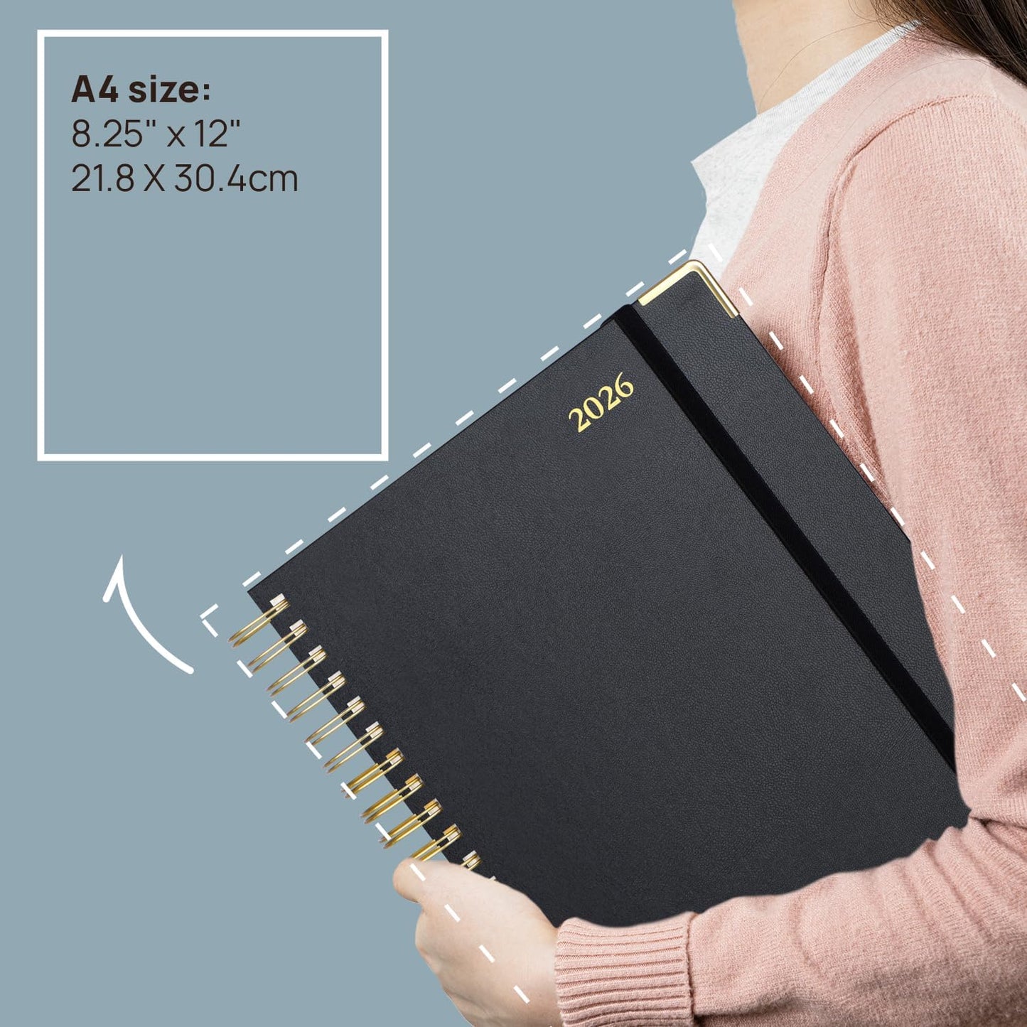 POPRUN 2026 Daily Planner One Page A Day - [A4 Large Size 8.25" x 12" -Spiral Hard Cover], Agenda 2026 Hourly Appointment Book with Monthly Calendar, Pen Holder, Ivory Paper -Burgundy