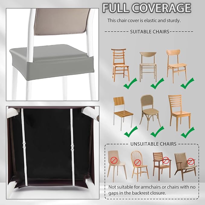CWK Waterproof PU Leather Dining Chair Covers Set of 1-Stretchable Chair Seat Slipcovers, Removable & Washable Protector for Dining Room,Home,Office,Wedding,Rear Covers (PU-Silver)