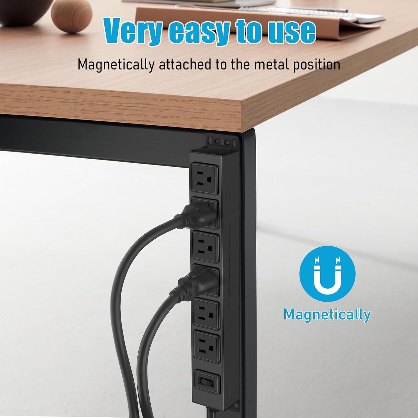 Magnetic Wall Mount Power Strip, Under Desk 6 Outlet Mountable Socket, Metal Long Heavy Duty Surge Protector for Garage, Gaming Table Or Workspace, 15FT Extension Cord.