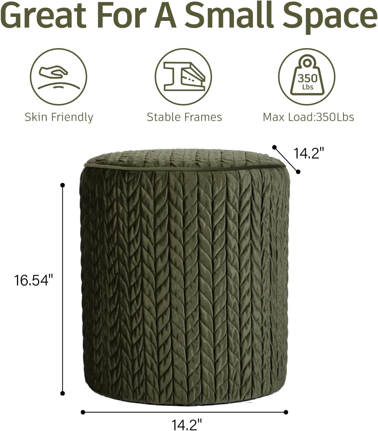Modern Round Ottoman 2Pcs, Braided-Tufted Foot Stool Ottoman, Velvet Upholstered Vanity Stool for Makeup, Bedroom, Living Room, Dark Green