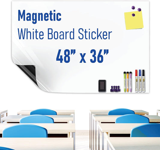 Magnetic Whiteboard Sticker Dry Erase Board for Wall - Adhesive Backing 48" x 36" Whiteboard for Classroom Office Home