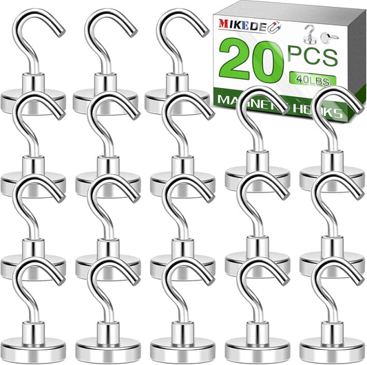 MIKEDE Magnetic Hooks Heavy Duty, 40lbs Earth Magnets with Hooks for Refrigerator, Strong Magnets with Rust Proof Metal Hooks for Cruise Cabins, Classroom, Outdoor - Pack of 20