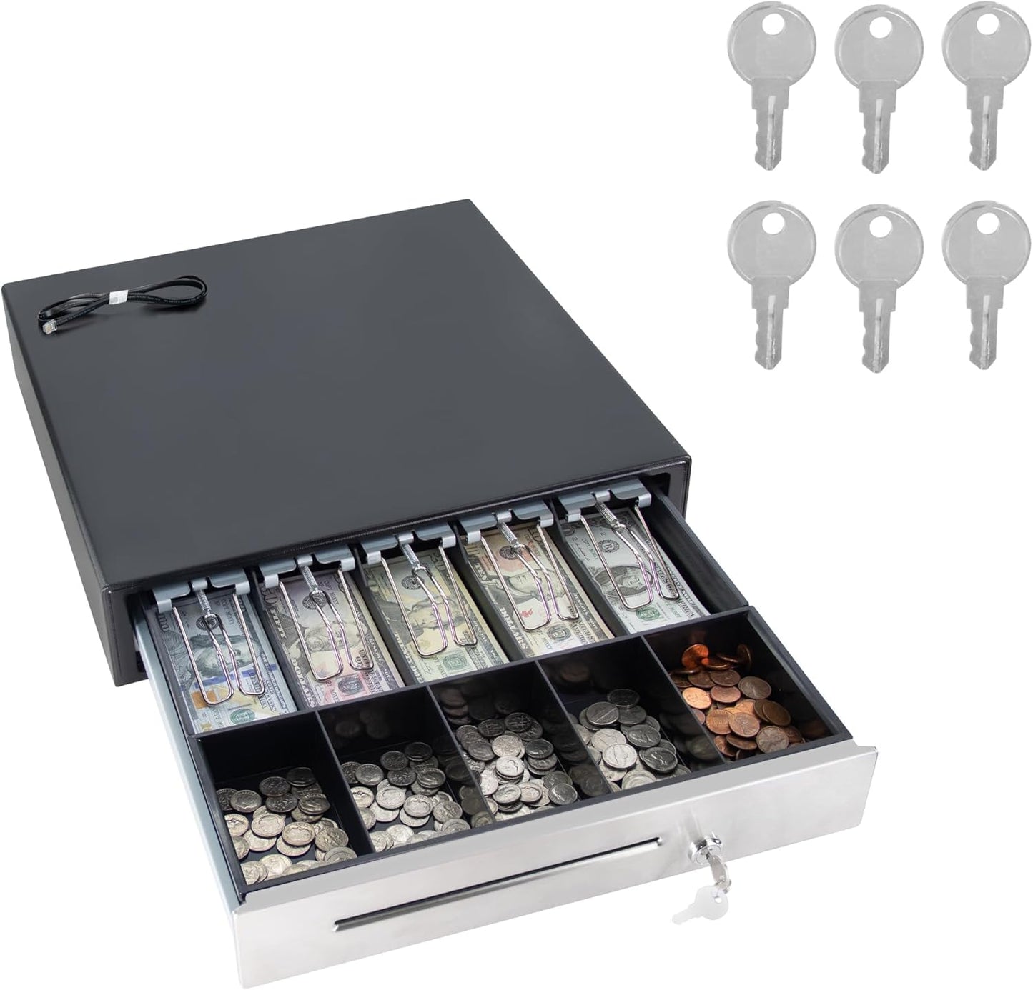 HK SYSTEMS 16inch Cash Drawer for POS, No Logo, Black, DC 24V/Micro Switch, RJ12, 1slot, Removable and Adjustable cash tray 5-bill/5-coin Metal wire gripper, 6Keys #135, Stainless Steel front, HK box