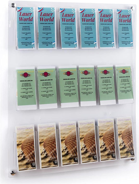 Displays2go 3-Tiered Clear Acrylic Magazine Rack, Adjustable, 9-18 Pockets - Clear (2RP9CLR)