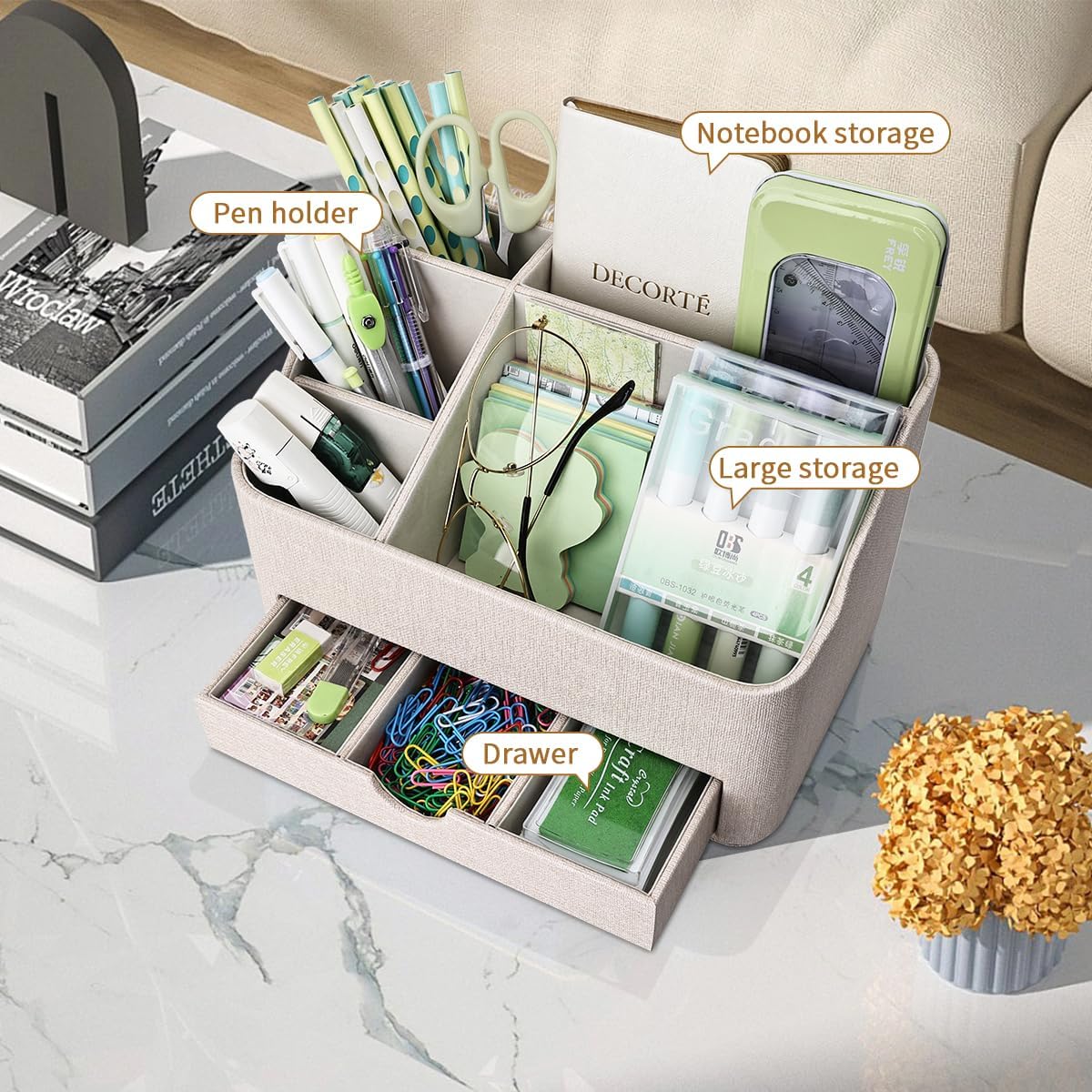 KINGFOM Desk Organizer with Drawer, Multifunction Pencil Holder for Desk, Desk Organizer and Accessories 5 Comparetments for Home Office Supplies (Beige)