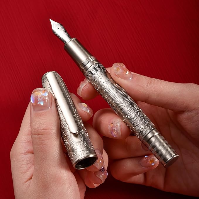 Hongdian 100 Silver Steel Piston Fountain Pen, Iridium Extra Fine Nib Calligraphy, Smooth Writing Pens, Nice Writing Pen for Men & Women