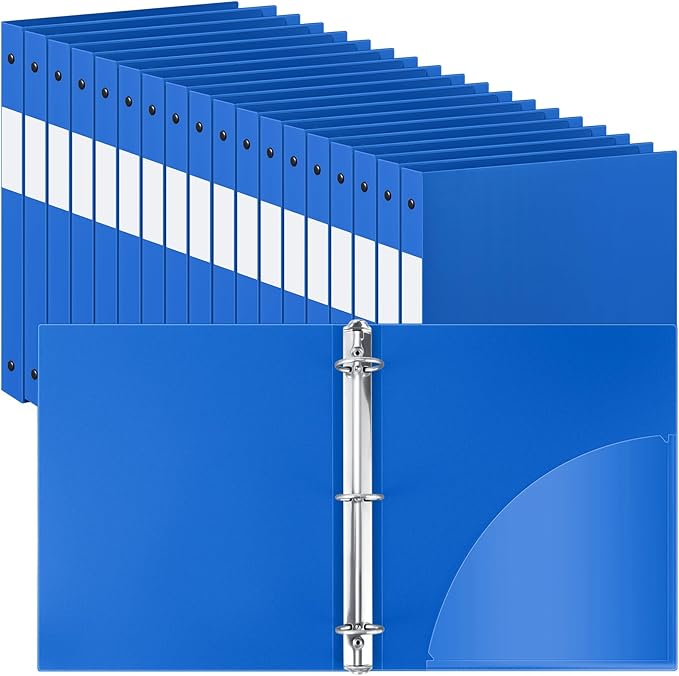 Henoyso 48 Pcs 3 Ring Binder 1/2'' Round Fits Letter Size 8. 5'' x 11'' Paper Plastic Flexible Binder Holds 100 Sheets with 1 Pockets Versatile Organizer for Office Home School (Blue)