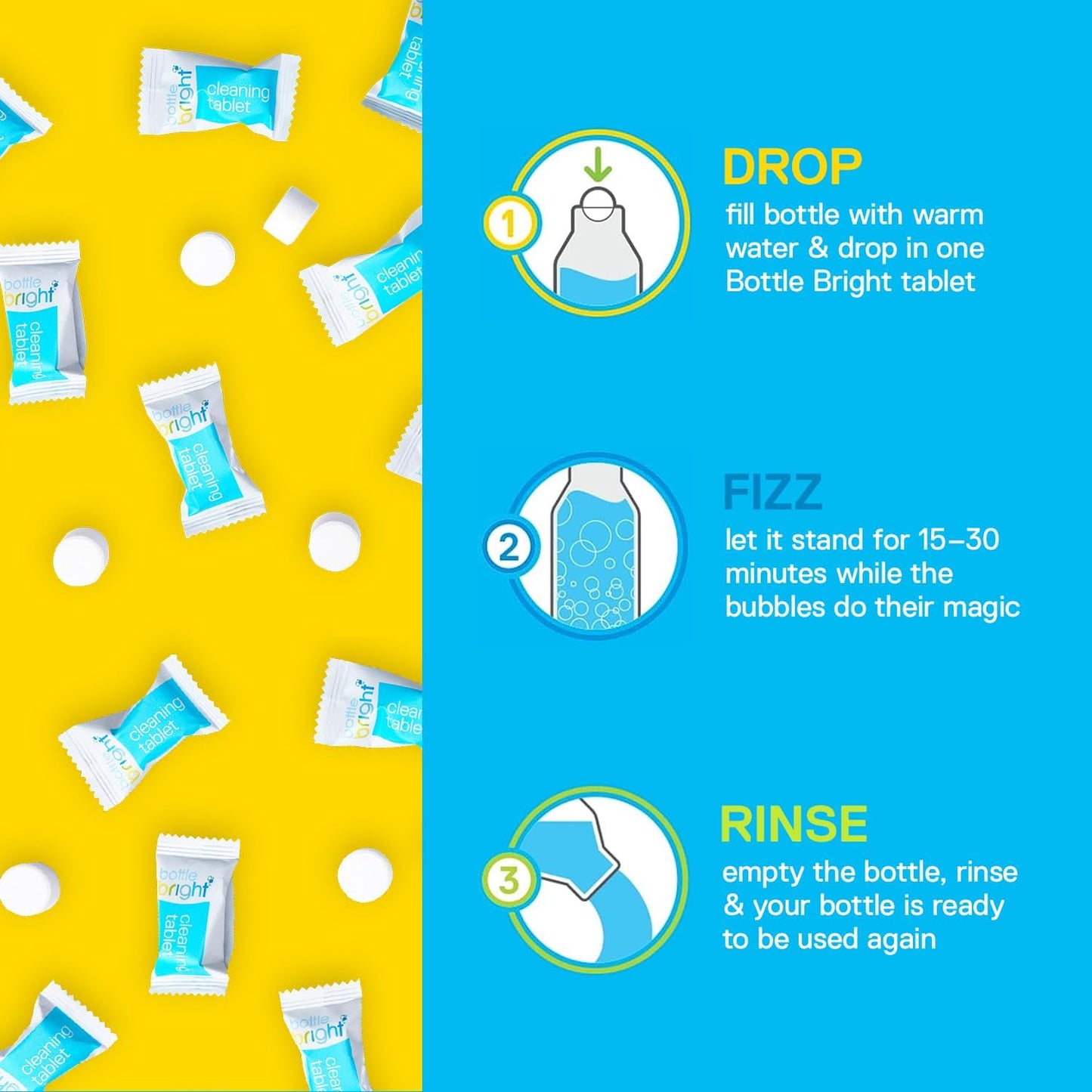 Bottle Bright - Clean Stainless Steel, Thermos, Tumbler, Insulated and Reusable Water Bottles – Cleaning Tablets are Easy and Safe to Use