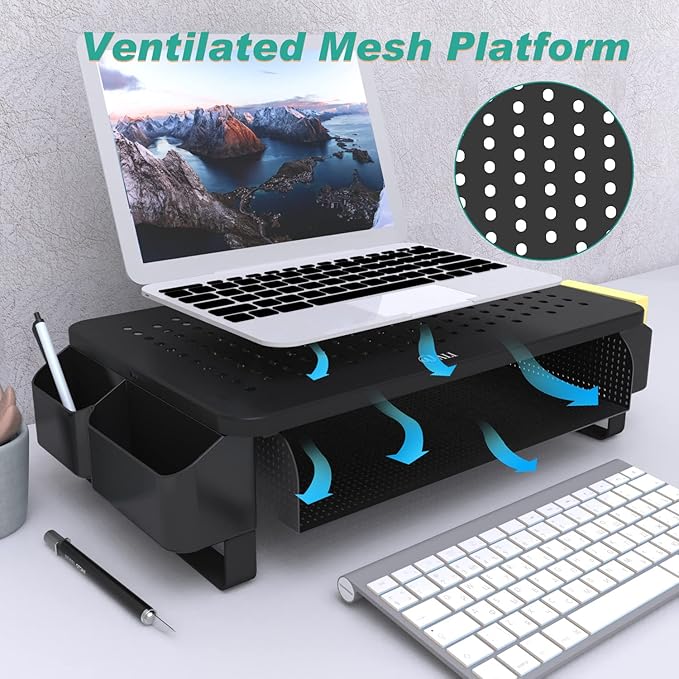 WALI Monitor Stand with Storage, Monitor Riser with Ventilation Drawer and Side Storage, Laptop Stand Riser for Desk, Printer Stands, (STT007), Black