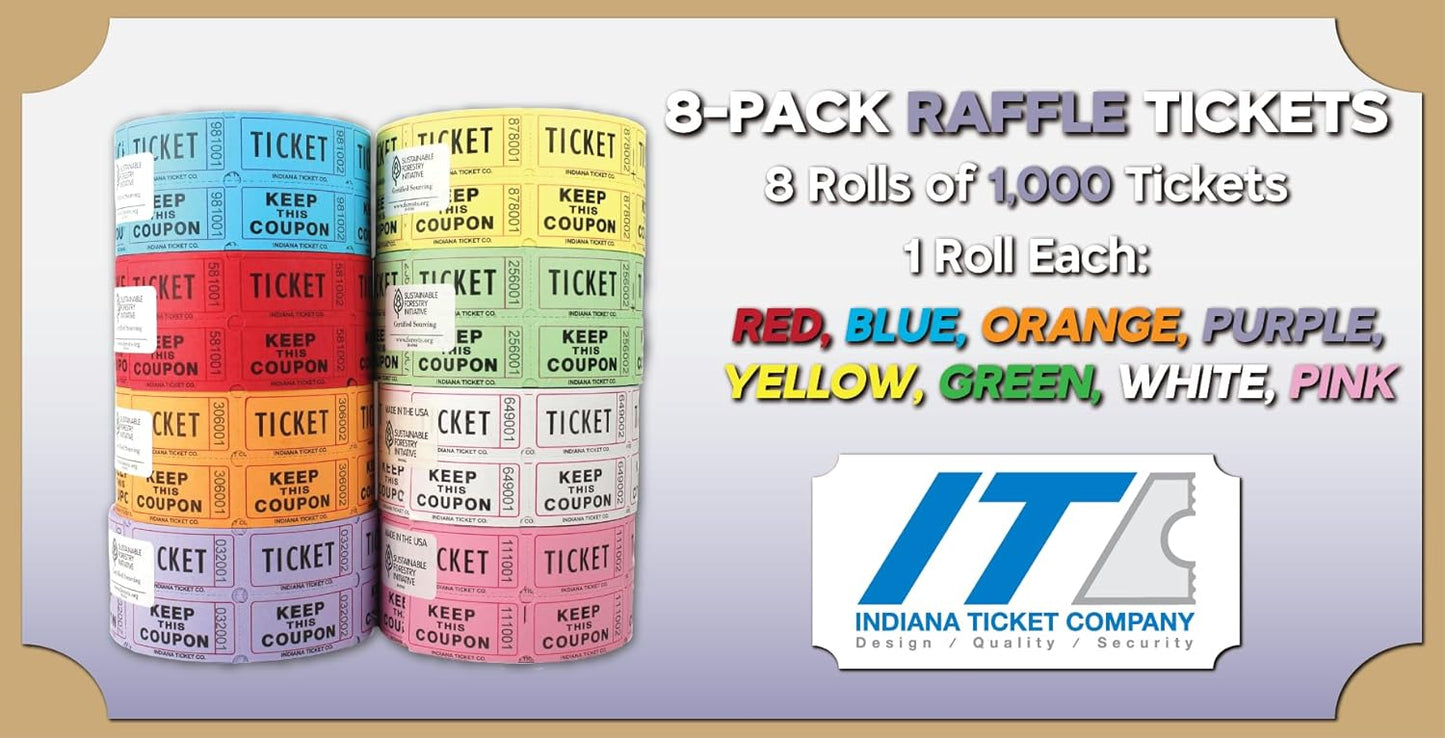 INDIANA TICKET CO. Double Roll Raffle Tickets, 8 Rolls of 1,000, 1 Roll Each Red, Blue, Orange, Purple, Green, White, Pink & Yellow, Tickets Events, Class Rewards, Fundraiser & Prizes(Pack of 8)