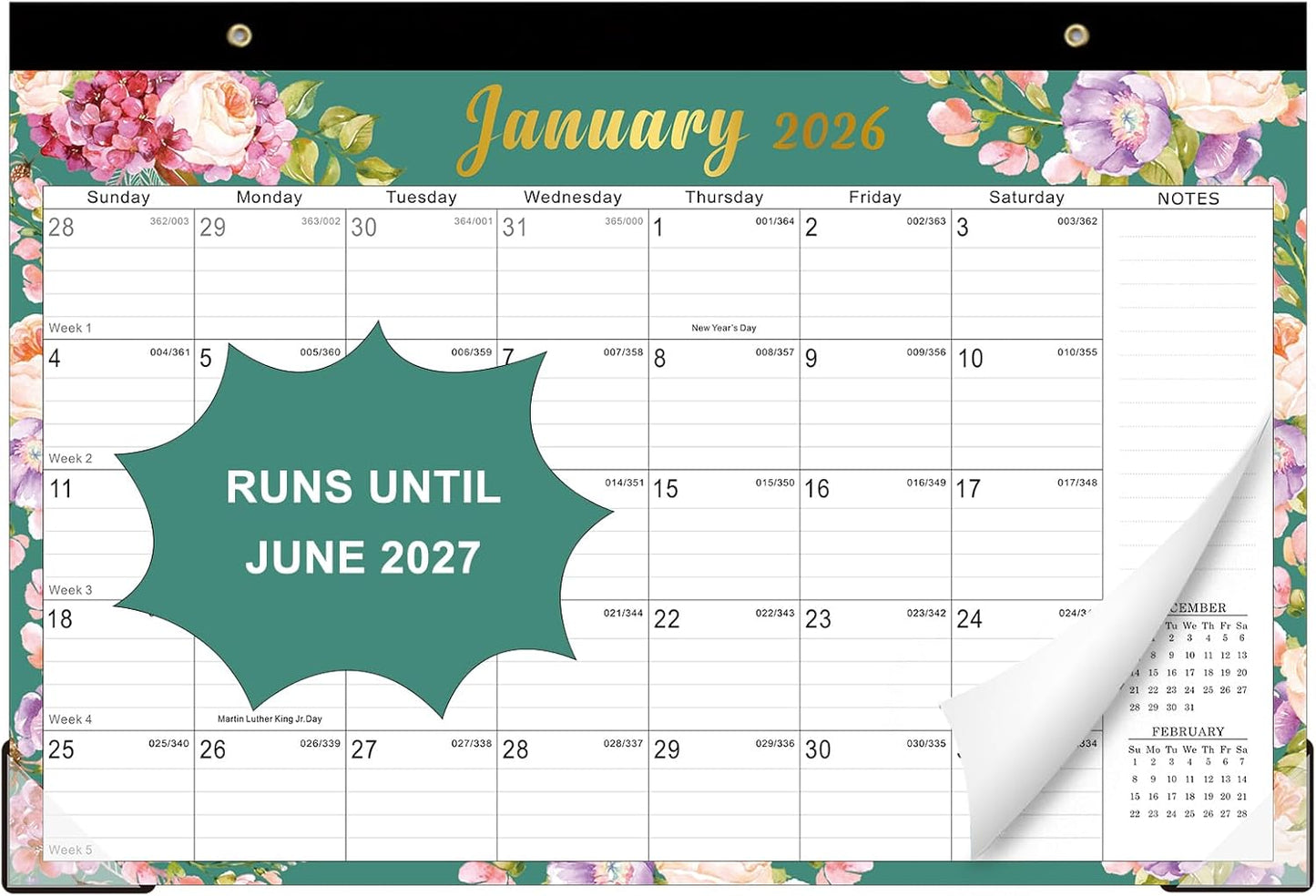 Lbylyhxc Desk Calendar 2026-2027, 18-Month School Year Calendar 2026-2027, January 2026 to June 2027, Large Desktop Calendar Monthly for Teacher with Corner Protectors 17" X 12" (Flowers Desk Calendar, 17x12 inches)
