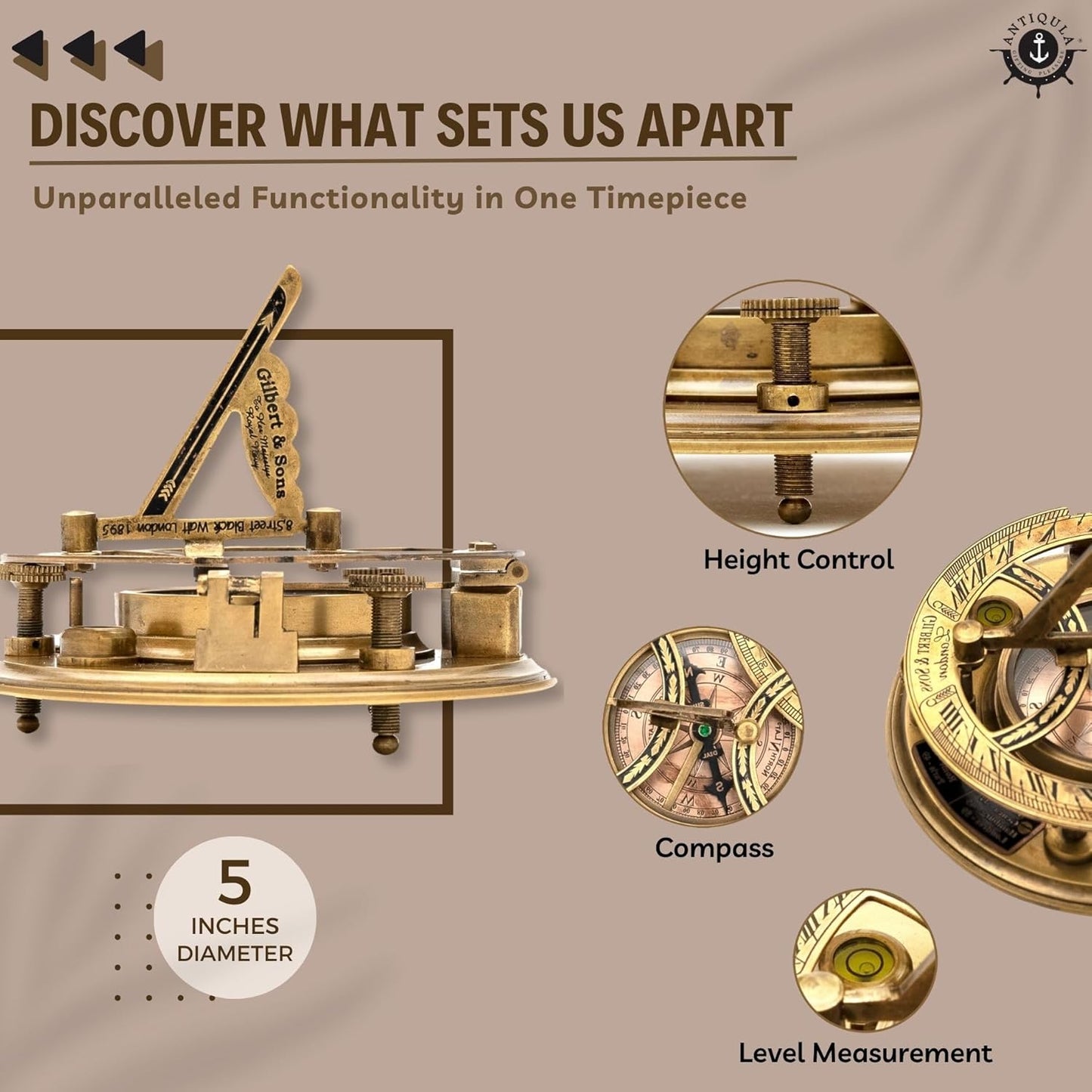 Antique Look Brass Vintage Sundial Compass with Wooden Box, Fully Functional Nautical Home Decor Ship Navigation Sailor Sundial Clock, Gift Item J.H.Steward Ltd. Strand London with Chart