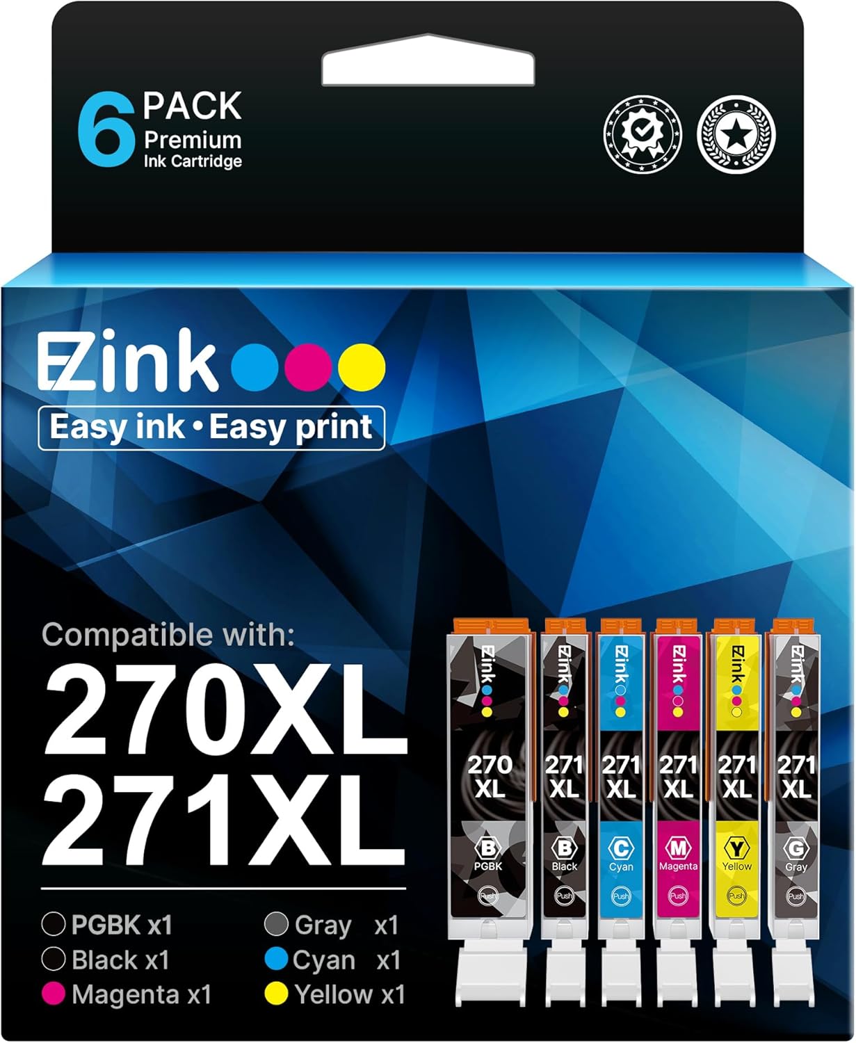 E-Z Ink 270 271 XL Ink Cartridges Compatible for Canon PGI-270XL CLI-271XL 6 Color Value Pack, use with TS9020 MG7720 TS8020 MG5720 MG5721 MG5722 MG6820 MG6821 MG6822 TS5020 TS6020 Printer