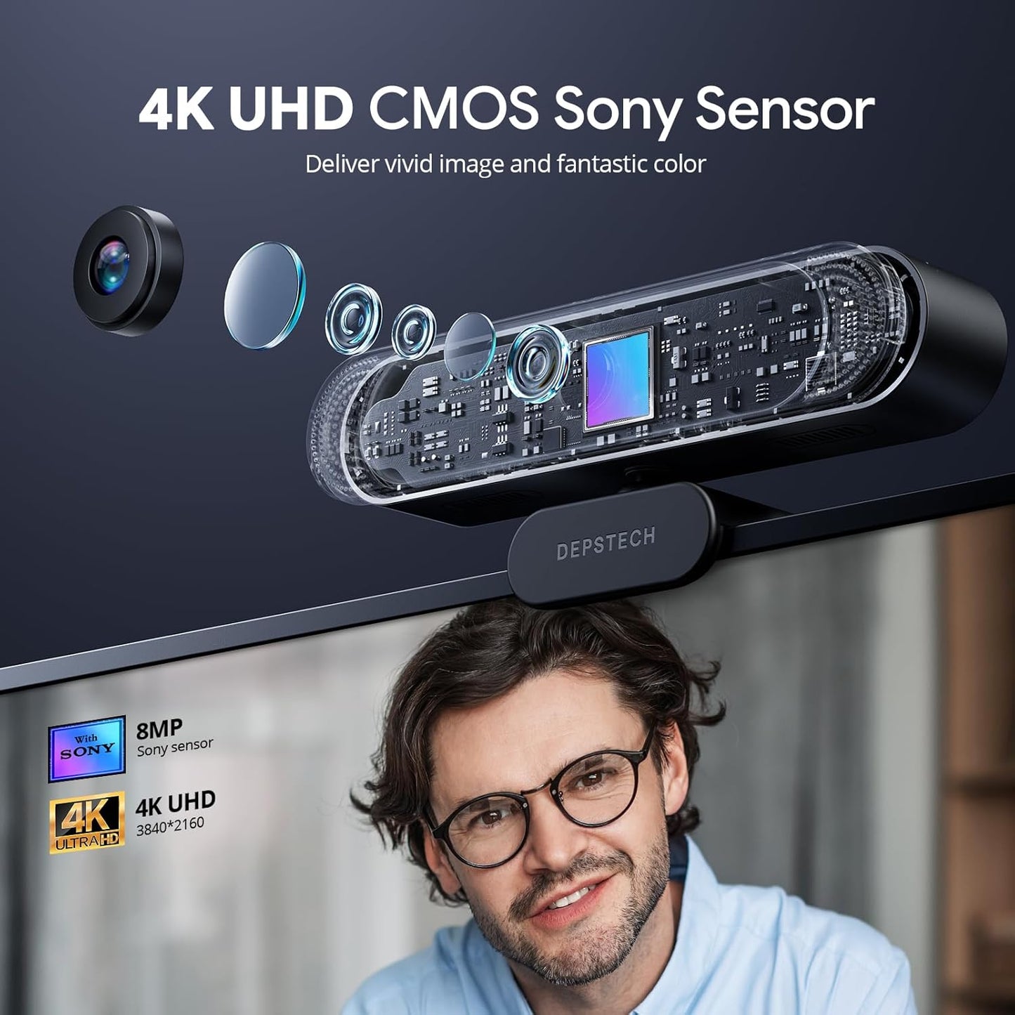 DEPSTECH 4K Webcam, Ultra HD 1/2.55'' Sony Sensor, 3X Digital Zoom, Dual Noise-Canceling Microphones, Remote Control, Auto Focus, Streaming Webcam for PC, Mac, Laptop, Video Call, Zoom, Skype, Teams