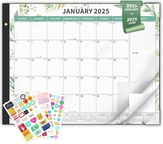 Ospelelf Desk Calendar 2025-2026 Large 22"x17" Monthly Planner Pad with Plastic Cover 18 Months Green Leaves