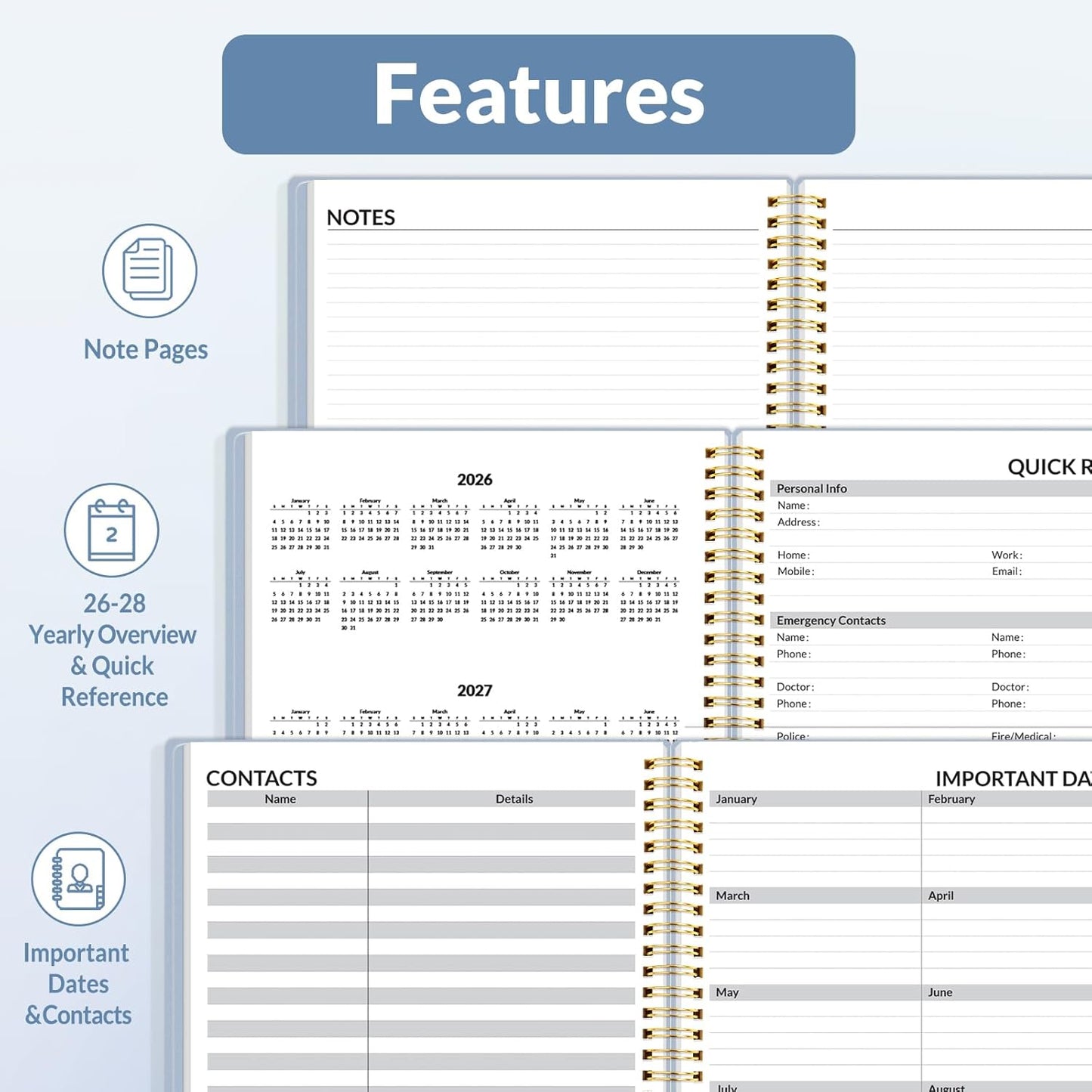 SUNEE 2026 Weekly and Monthly Planner - from January 2026 - December 2026, 6.4" x 8.3" Daily Agenda Planner with Monthly Tab, Flexible Cover, Note Pages, Pockets, Bookmark, Spiral Binding, Gray Blue