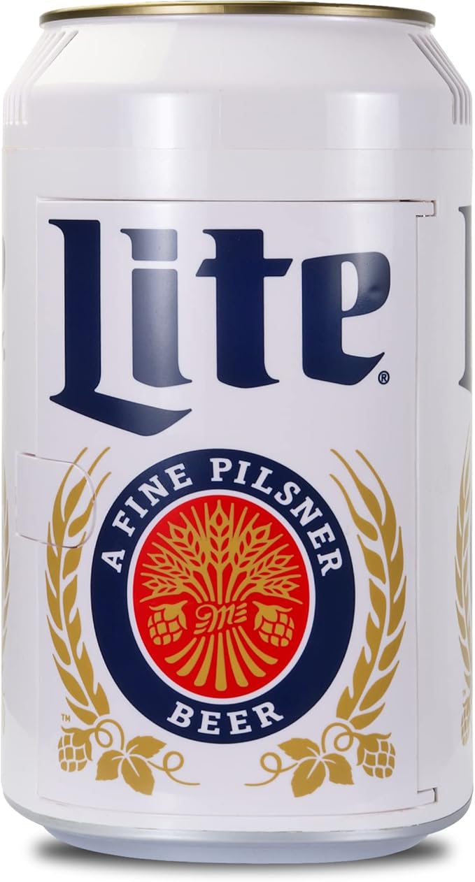 Miller Lite Mini Fridge - Refrigerator for Bedroom Office, Portable Table Top Beverage Cooler, 12V 110V Refrigerador For Drinks, Soda, Wines, Use In Car, Outdoor, Patio, 8 Can