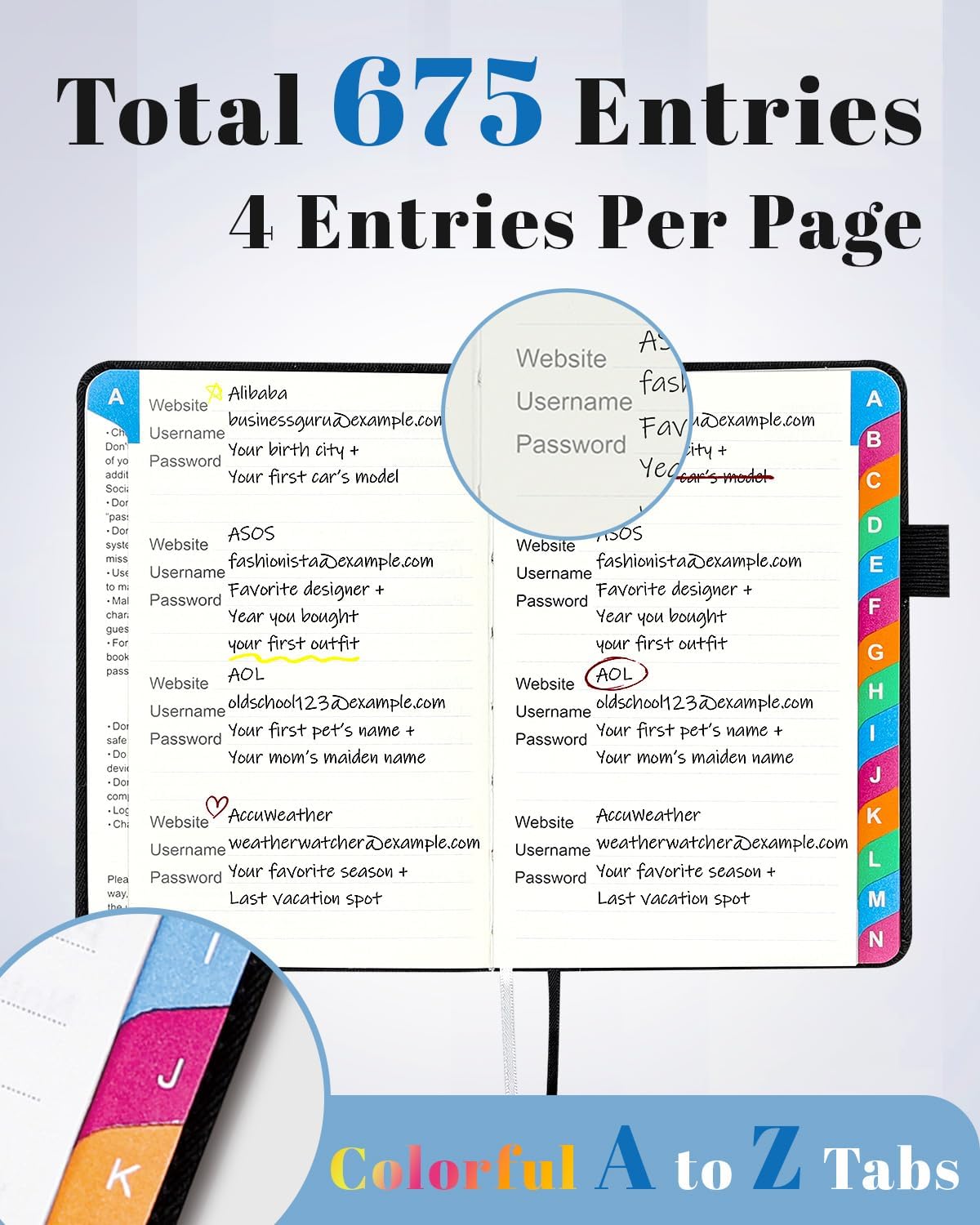 Small Password Keeper Book with Colorful Alphabetical Tabs, Hardcover Password Log-book for Internet Password and Website Address, 4.1"×6.2" Password Notebook for Home Office (Black)