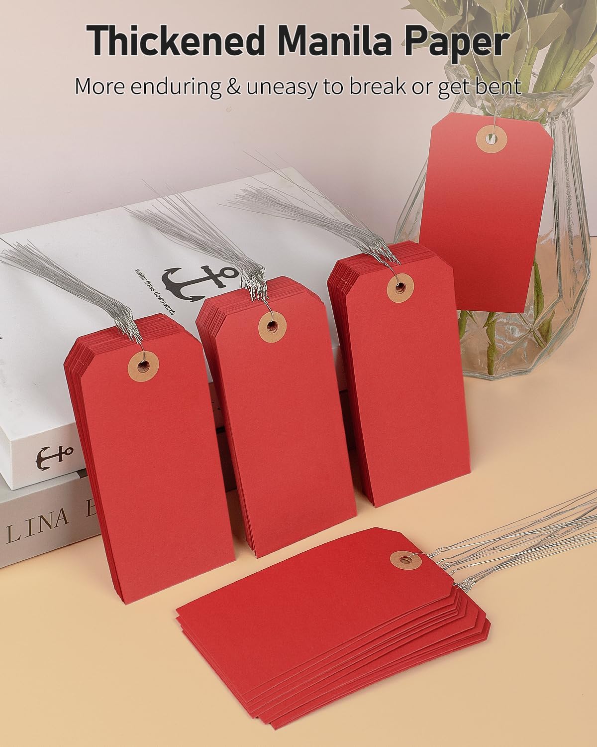 Uniclife 100 Pcs Red Blank Shipping Tags with Wire Attached 4.7 Inch Paper Tags Hang Tag with Reinforced Eyelet Large Marking Label Writable Price Tags Inventory Label Tag, 4.7" x 2.36"