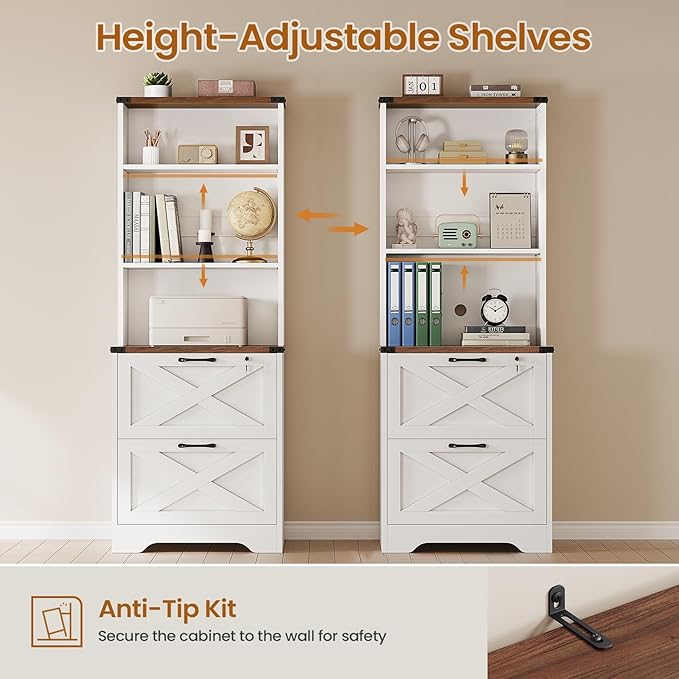 SEDETA 2 Drawer File Cabinet with Lock, Wood Filing Cabinet fits Letter, Legal, A4 Size, Hanging File Folders, Farmhouse File Cabinets for Home Office with Adjustable Storage Shelf, White