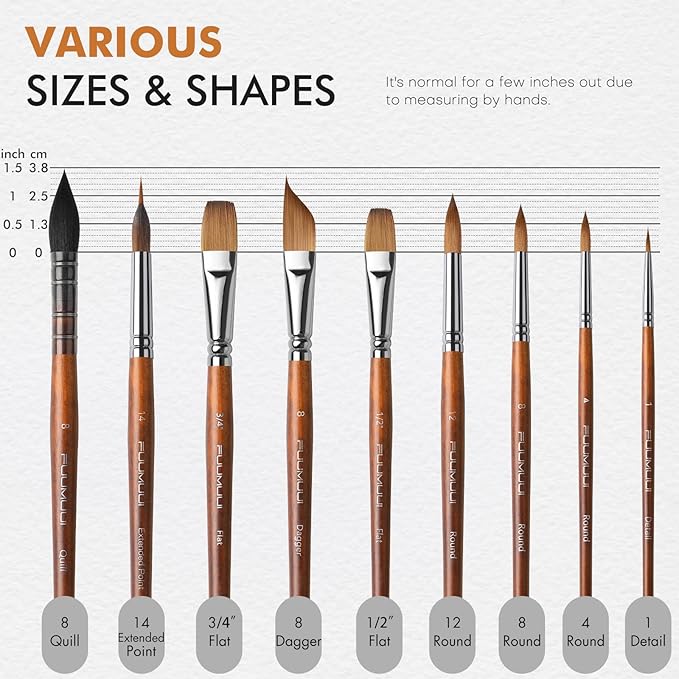 Watercolor Brushes Professional, Fuumuui 9pcs Sable Paint Brushes & Natural Squirrel Mop Brush Set with Extended Needle, Round Point, Flat, Dagger, Quill Wash for Watercolor Gouache Inks