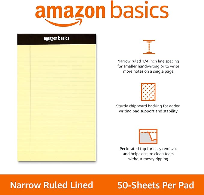 Amazon Basics 50 sheet Narrow Ruled Lined Writing Note Pad, 5 inch x 8 inch, 12 Pack, Canary