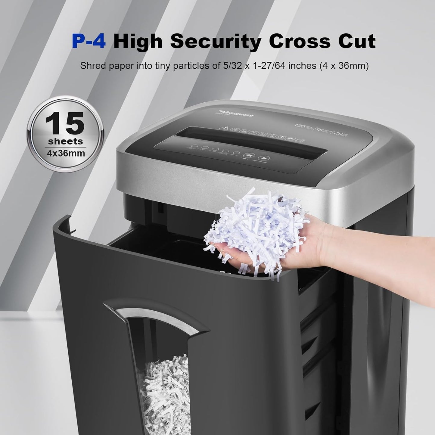 120-Minute Paper Shredder - 15-Sheet Capacity, 30L（7.9 Gallon） Bin, 58dB Quiet Operation, P4 Cross-Cut Heavy-Duty Shredder for Home & Office Use