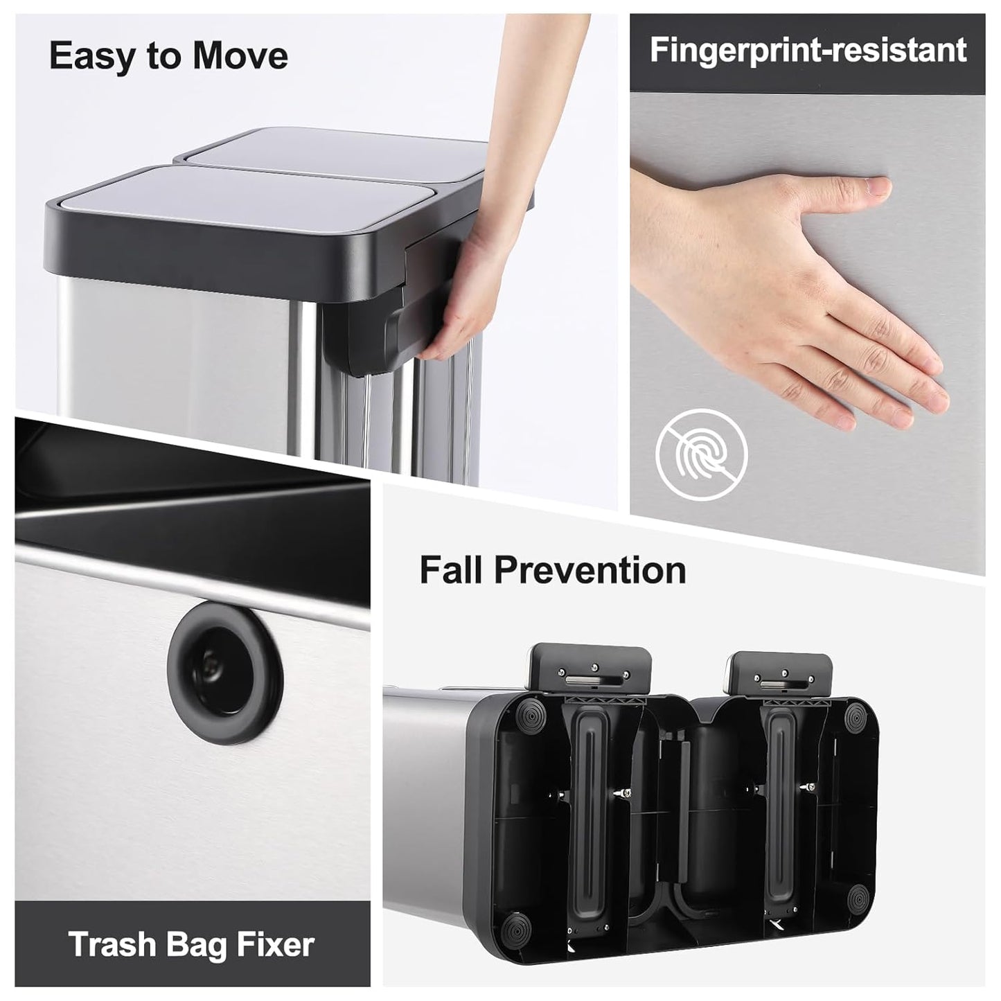 16 Gallon Dual Compartment Trash Can, 2 x 30L Fingerprint Resistant Stainless Steel Kitchen Garbage Can with 2 Soft-Close Lid & Foot Pedal for Kitchen Office Bathroom, Without Inner Bucket