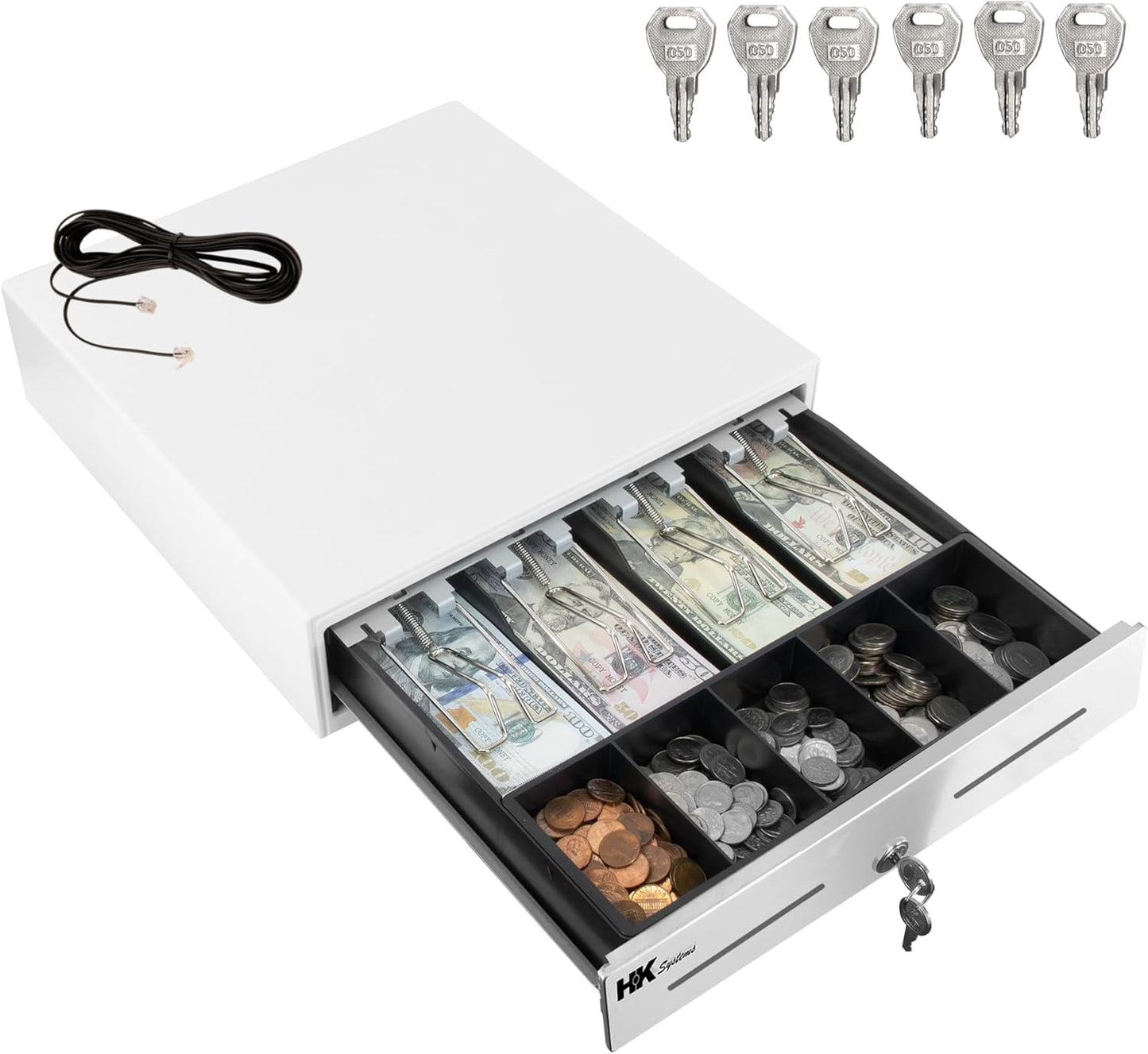 HK SYSTEMS 13inch "Stainless Steel" Front WHITE Heavy Duty POS Interface Cash Drawer with 4Bill/5Coin