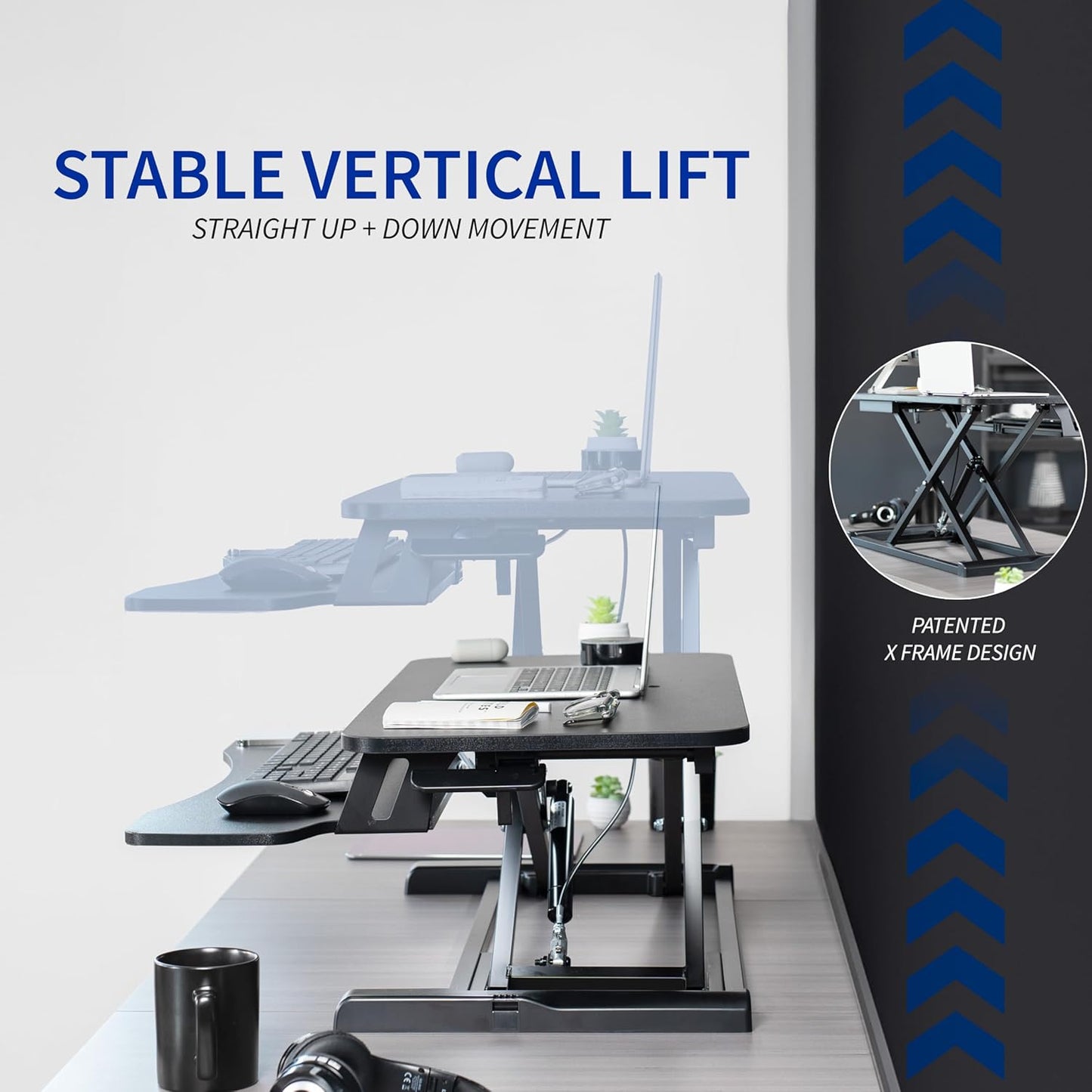 VIVO 42 inch Desk Converter, K Series, Height Adjustable Sit to Stand Riser, Dual Monitor and Laptop Workstation with Wide Keyboard Tray, Light Wood Top, White Frame, DESK-V042KF