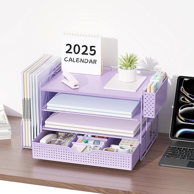 Wood Desk Organizers and Accessories with File Holder, 4-Tier Desk Accessories & Workspace Organizers with Drawer and Pen Holder, Paper Organizer for Office Supplies (Purple)