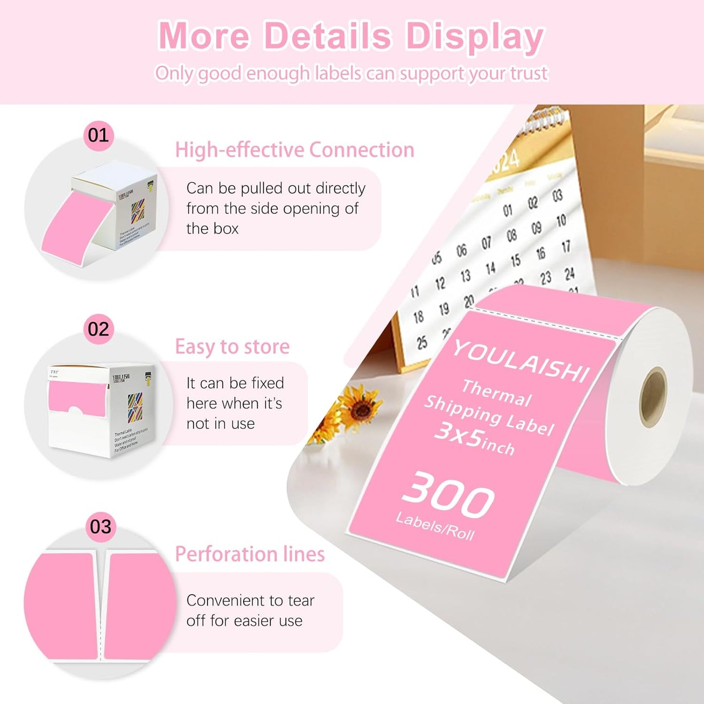 3 X 5 Inch Printable Waterproof Rectangle Color Coding Labels, 300 Per Roll Adhesive Color Coding Stickers for Bar-Codes, Address, Small Business Labeling, Inventory (Pink)