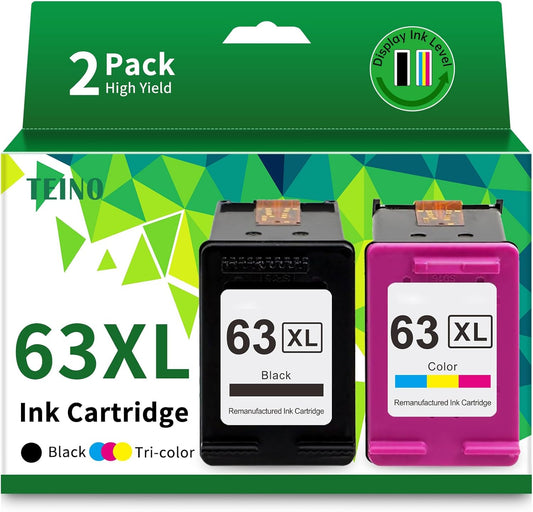 TEINO Remanufactured 63XL Ink Cartridge Replacement for HP OfficeJet 3830 4650 5255 5258 4655 4652 3833 Envy 4520 4512 DeskJet 1112 3630, Black, Tri-color, 2-Pack