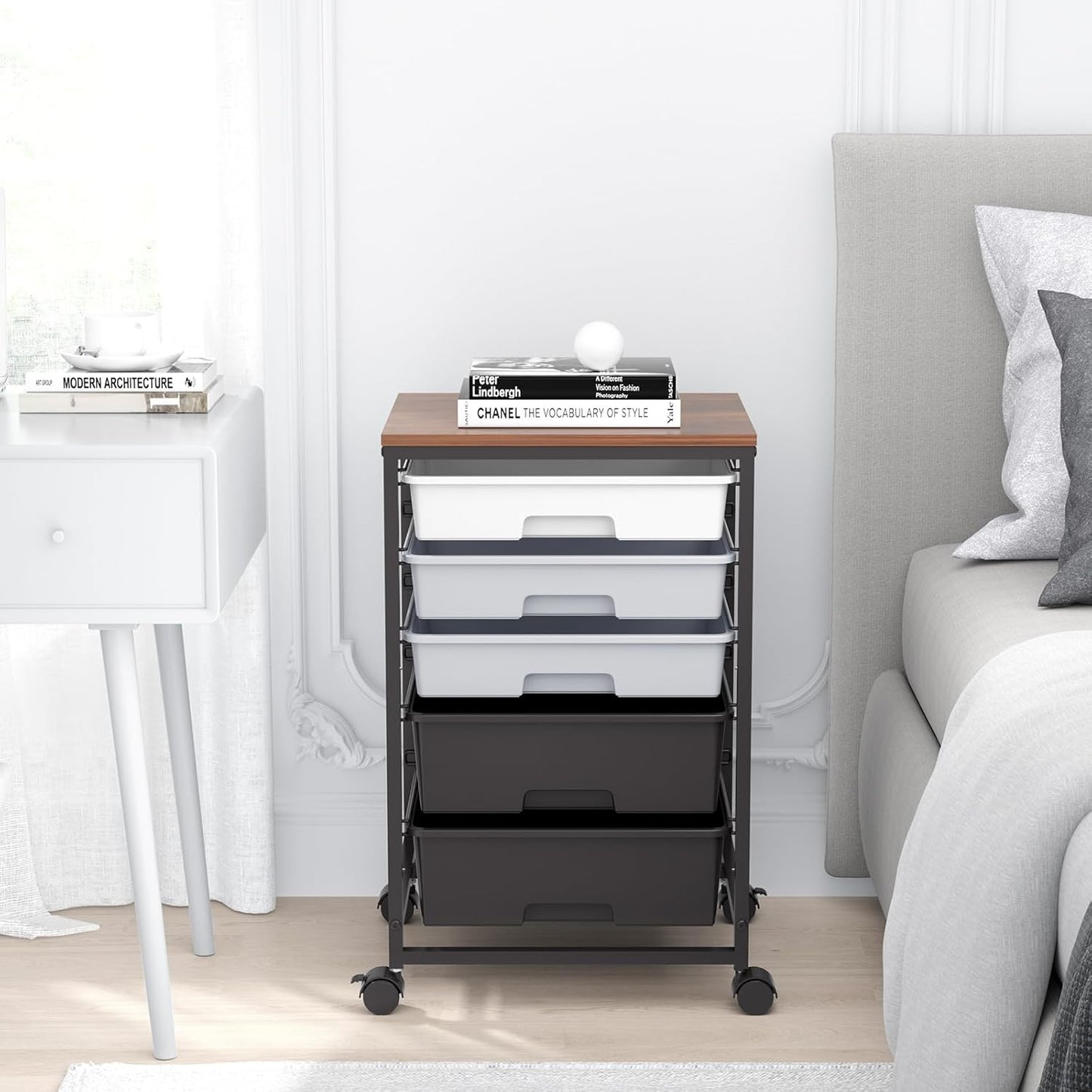 Utility Cart with 5 Drawers,Storage Drawer Cart with Wooden Tabletop and Lockable Wheels,Craft Storage Trolley Cart,5-Tier Rolling Utility Cart on Wheels,Dark Grey